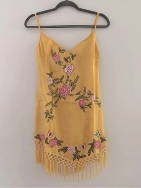2 for $10- Urban Outfitters Carmen Embroidered Fringe Mini Dress Yellow Floral